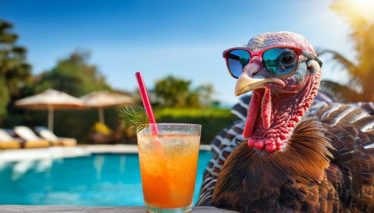 An AI turkey next to a pool